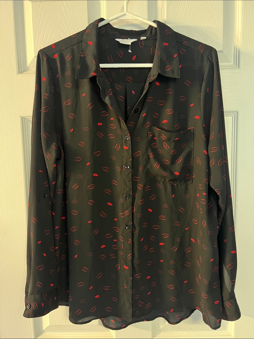 Reitmans Black Blouse with Red Lip Print